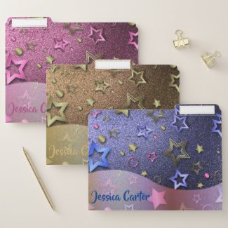 Fancy Shiny Blue Gold Pink Metallic Stars Custom File Folder