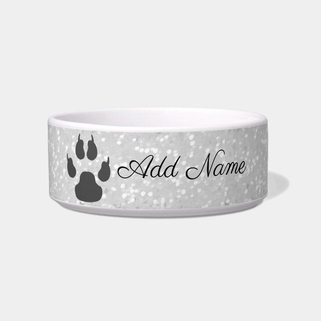 Fancy Silver Faux Glitter Paw Print Customized Pet Bowl (Front)