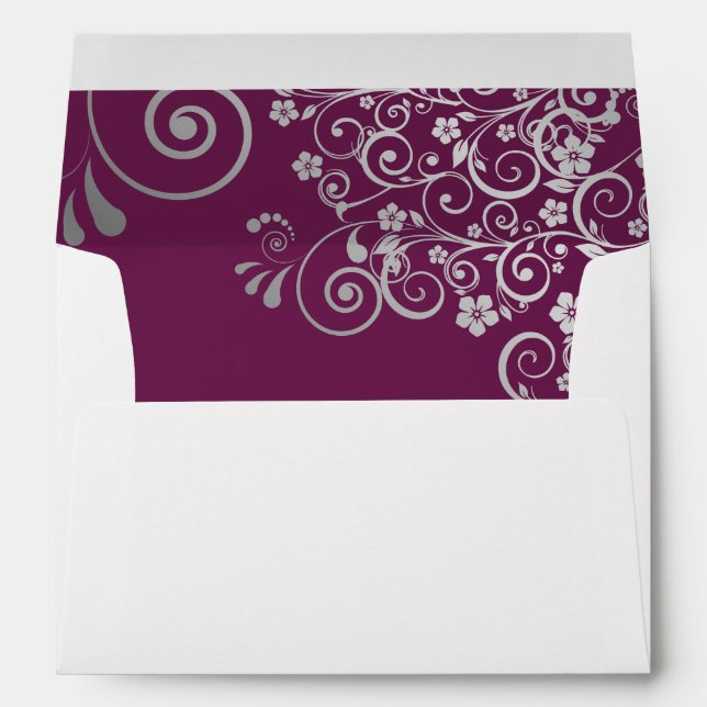 Fancy Silver Filigree on Cassis Purple Wedding Envelope (Back (Bottom))