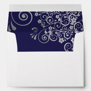 Fancy Silver Filigree on Navy Blue Wedding Envelope