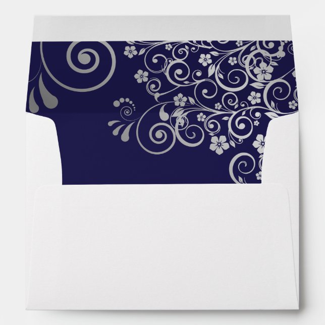 Fancy Silver Filigree on Navy Blue Wedding Envelope (Back (Bottom))