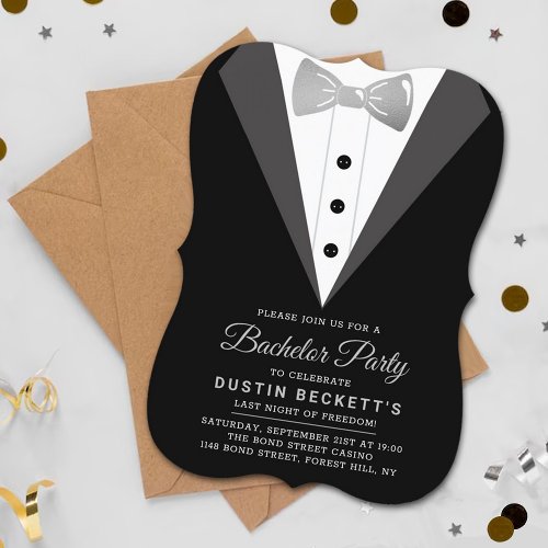 Fancy Silver Foil Tuxedo Bachelor Party Invitation