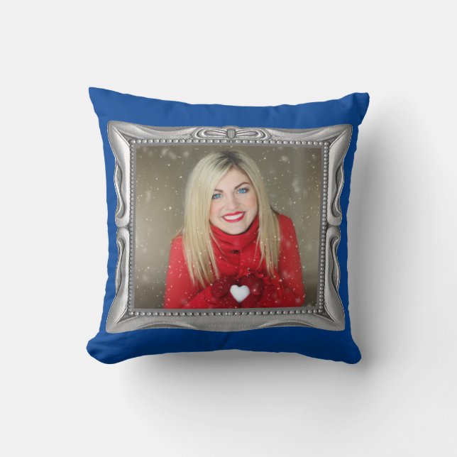 Fancy Silver Frame & Blue Custom Your Photo Pillow (Front)