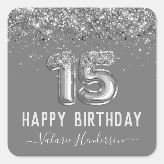 Fancy Silver Glitter Happy 15th Birthday Square Sticker (Front)