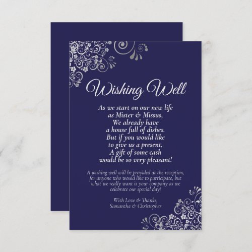 Fancy Silver  Navy Blue Wedding Wishing Well Poem Enclosure Card