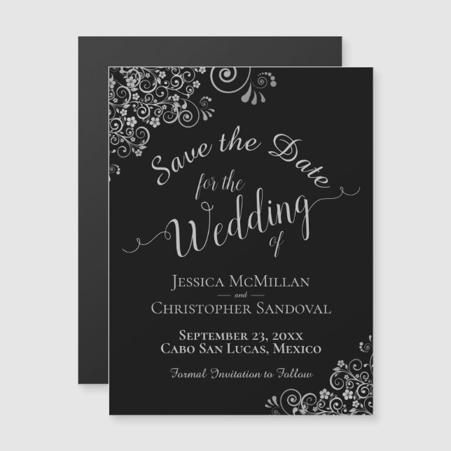 Fancy Silver on Black Wedding Save the Date Magnet (Front/Back)