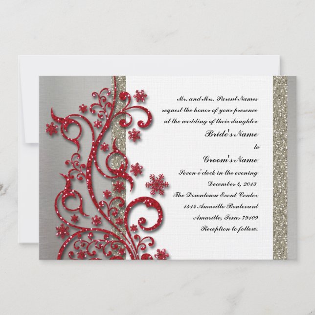 Fancy Silver Red Winter Wedding Invitation (Front)
