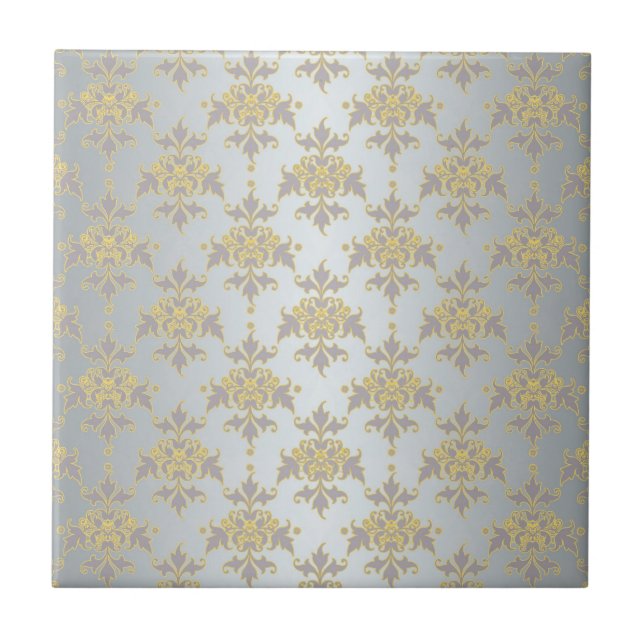 Fancy Silver White and Yellow Damask Ceramic Tile (Front)