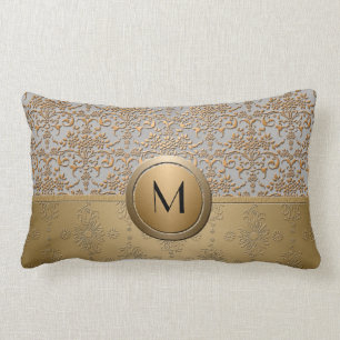 Fancy Simulated Gold and Silver Monogram Damask Lumbar Pillow