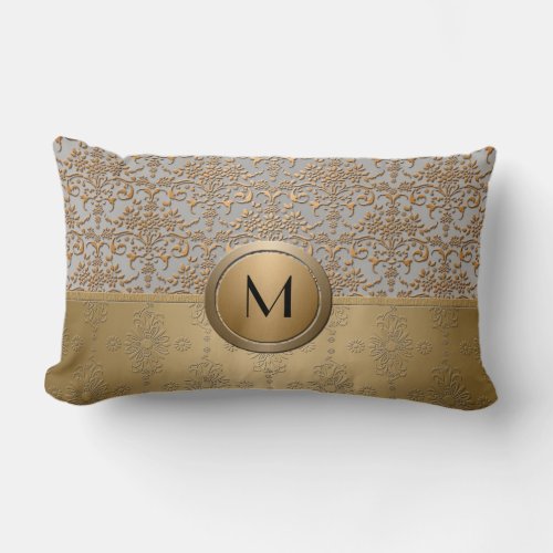 Fancy Simulated Gold and Silver Monogram Damask Lumbar Pillow