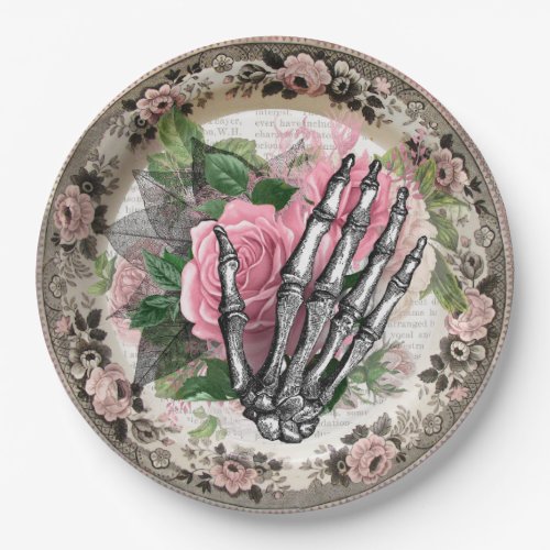 Fancy Skeleton Hand with Roses Vintage Halloween Paper Plates