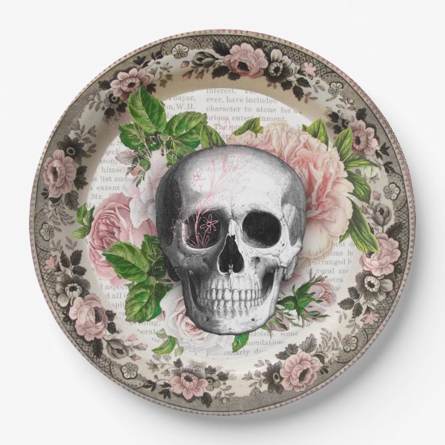 Fancy Skull with Roses Vintage Halloween Paper Plates (Front)