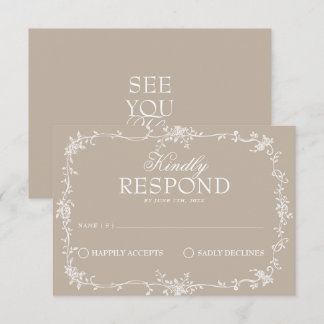 Fancy Soft Taupe Floral Boho Wedding RSVP Card