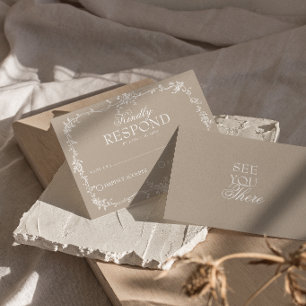 Fancy Soft Taupe Floral Boho Wedding RSVP Card