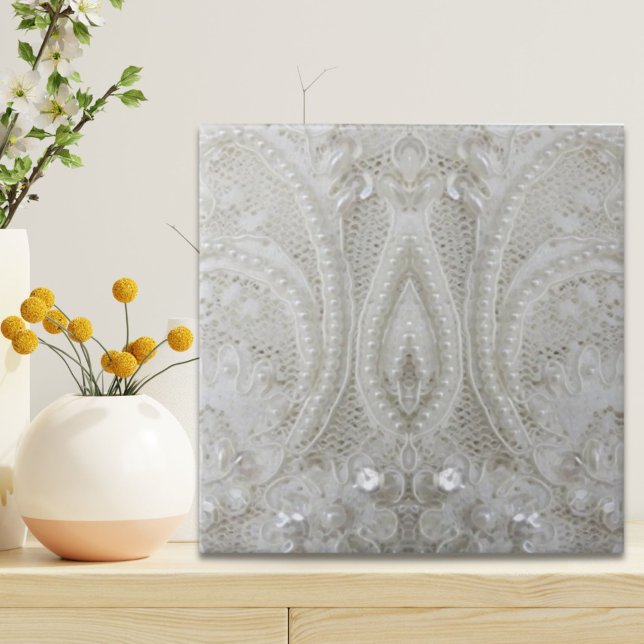 fancy sophisticated sequins pearl white lace ceramic tile (fancy sophisticated sequins pearl white lace ceramic tile)