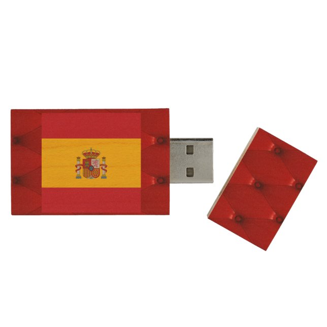 Fancy Spain Flag on red velvet background Wood Flash Drive (Opened)