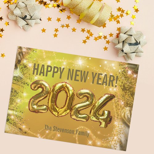 Fancy Sparkling Gold Foil Balloons New Year Holiday Card