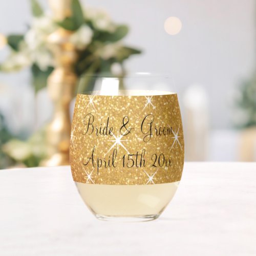 Fancy sparkly gold glitter glam wedding custom stemless wine glass