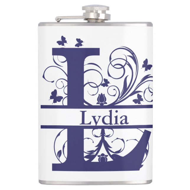 Fancy Split Monogram Letter "L" Customizable Flask (Front)