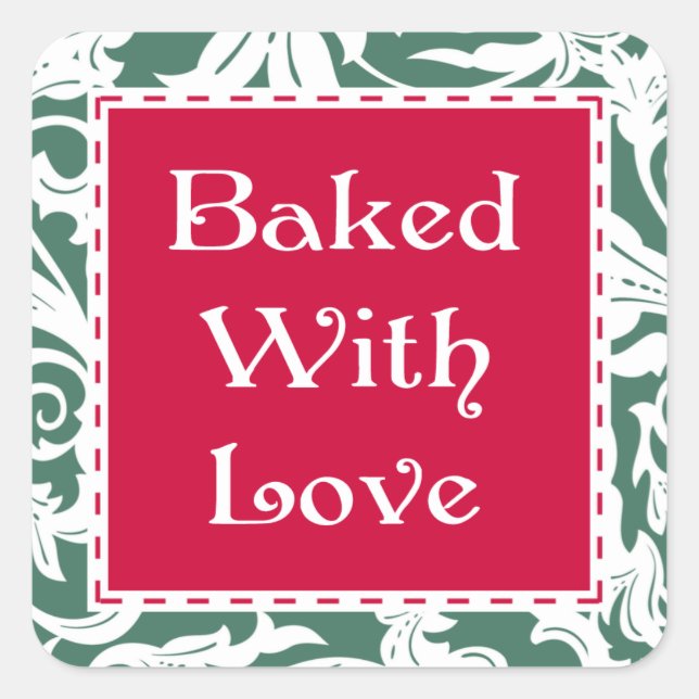 Fancy Square Baked With Love Christmas Stickers (Front)