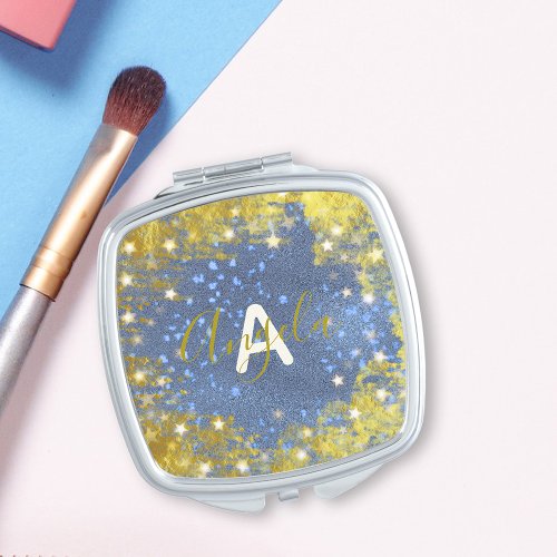 Fancy Starry Glittery Blue And Gold Girly Custom Compact Mirror