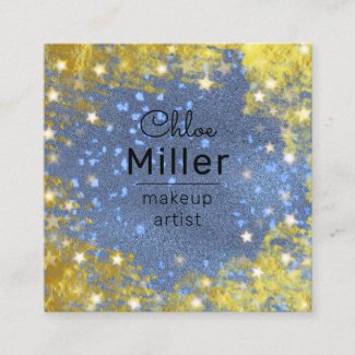 Fancy Starry Glittery Blue And Gold Makeup Artist Square Business Card