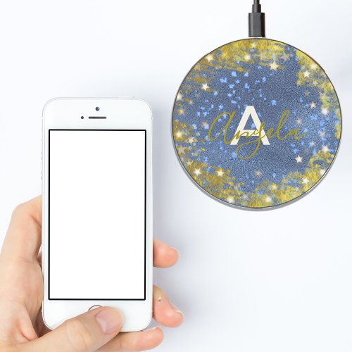 Fancy Starry Glittery Blue And Gold Name  Initial Wireless Charger
