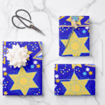 Fancy Stars of David Wrapping Paper Sheets<br><div class="desc">Colorfully patterned Stars of David dance on a field of deep blue.</div>