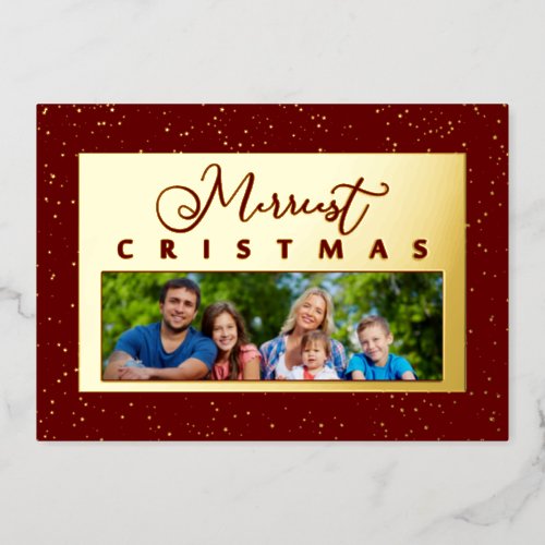 Fancy Stars Photo Merriest Christmas Typography Foil Holiday Card