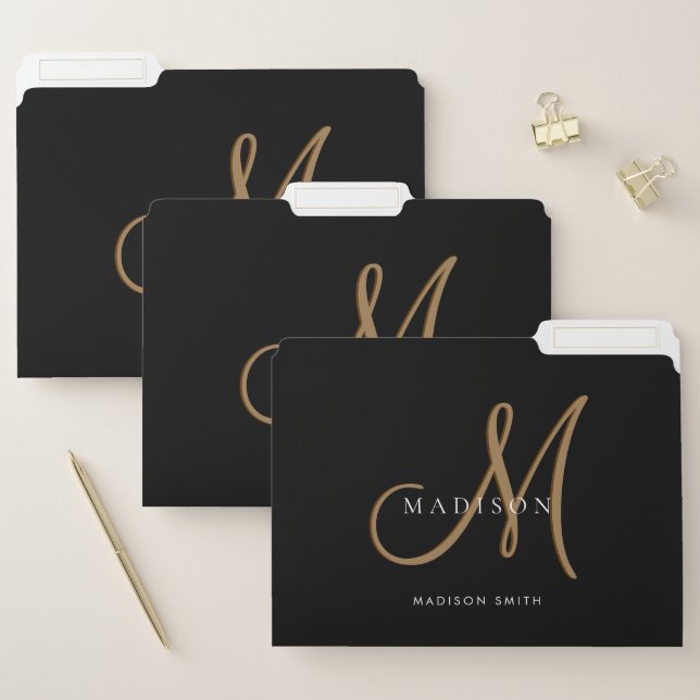 Fancy Stylish Black and Gold Monogram File Folder (Set)