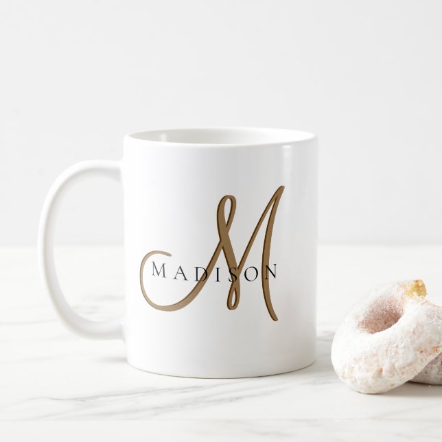 Fancy Stylish Black and Gold Monogram Script Coffee Mug (With Donut)