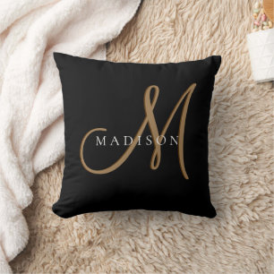 Fancy Stylish Black and Gold Monogram Script Throw Pillow