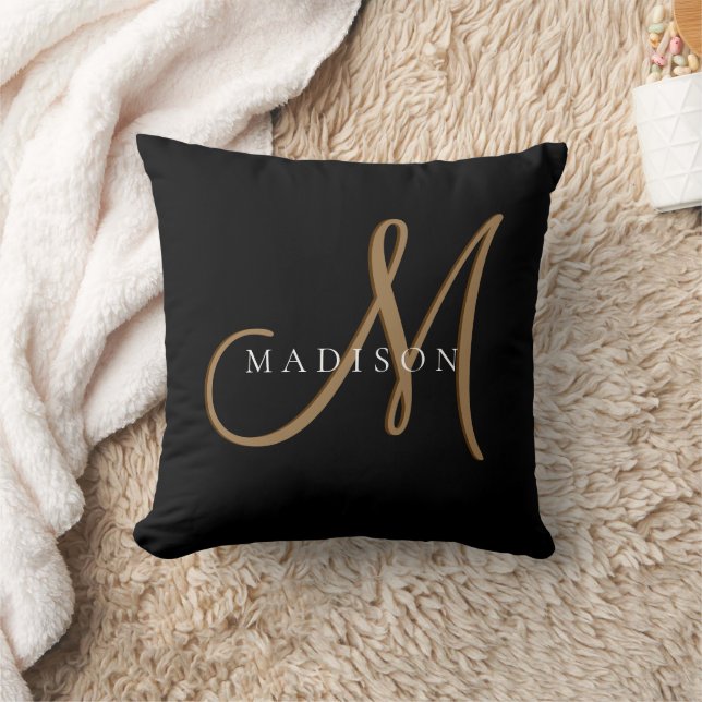 Fancy Stylish Black and Gold Monogram Script Throw Pillow (Blanket)