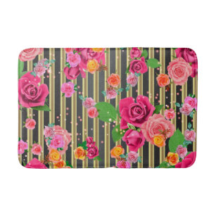 Fancy Stylish Chic Roses On Gold And Black Stripes Bath Mat