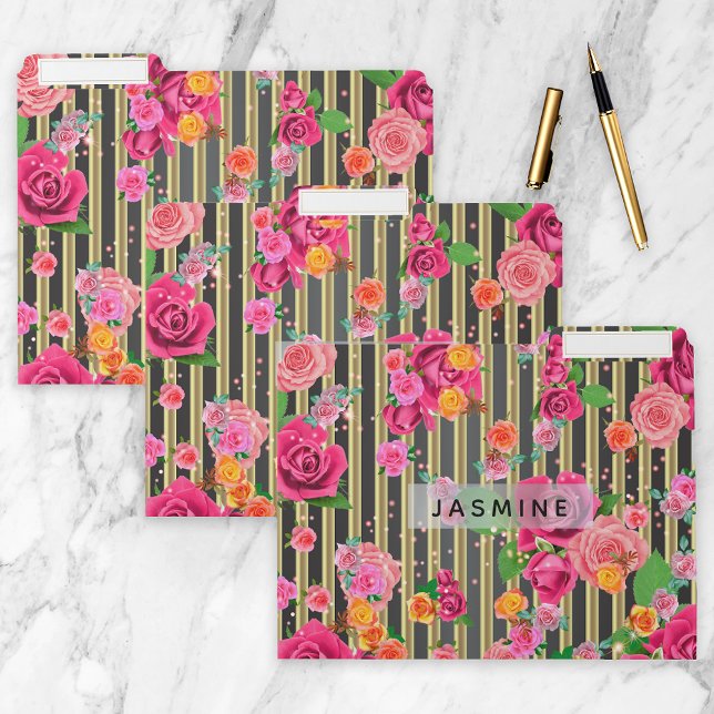 Fancy Stylish Chic Roses On Gold and Black Stripes File Folder (Creator Uploaded)