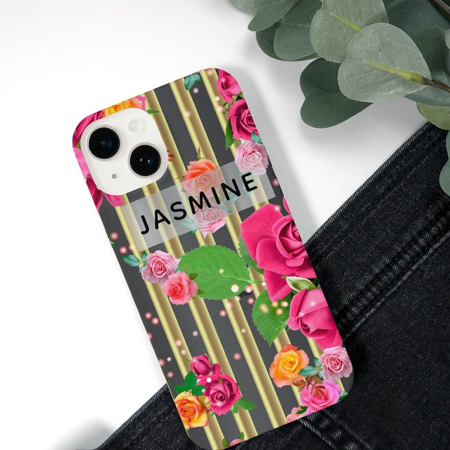 Fancy Stylish Chic Roses On Gold And Black Stripes iPhone Case (Creator Uploaded)