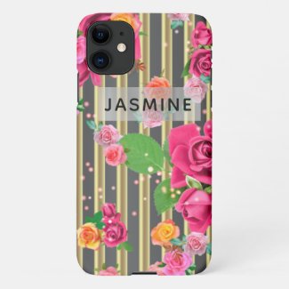 Fancy Stylish Chic Roses On Gold And Black Stripes iPhone Case