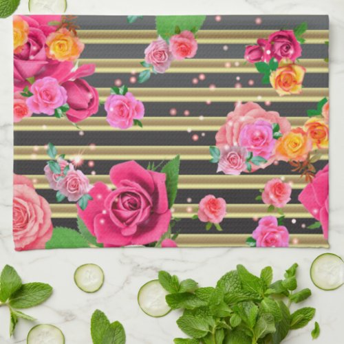 Fancy Stylish Chic Roses On Gold And Black Stripes Kitchen Towel