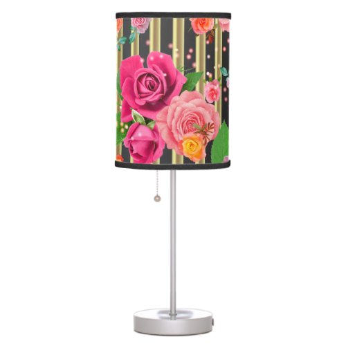 Fancy Stylish Chic Roses On Gold And Black Stripes Table Lamp