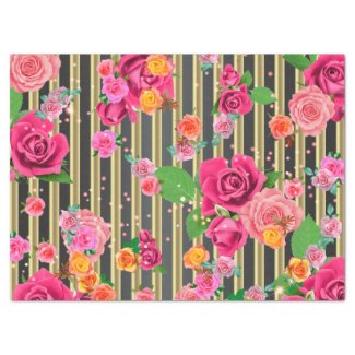 Fancy Stylish Chic Roses On Gold And Black Stripes Tissue Paper