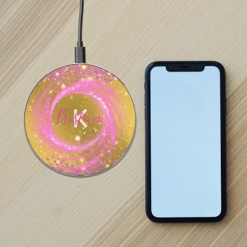 Fancy Stylish Sparkly Pink and Gold Glitter Foil Wireless Charger