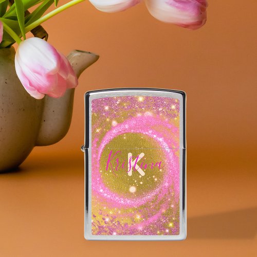 Fancy Stylish Sparkly Pink and Gold Glitter Foil Zippo Lighter