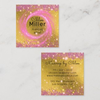 Fancy Stylish Sparkly Pink and Gold Makeup Artist Square Business Card