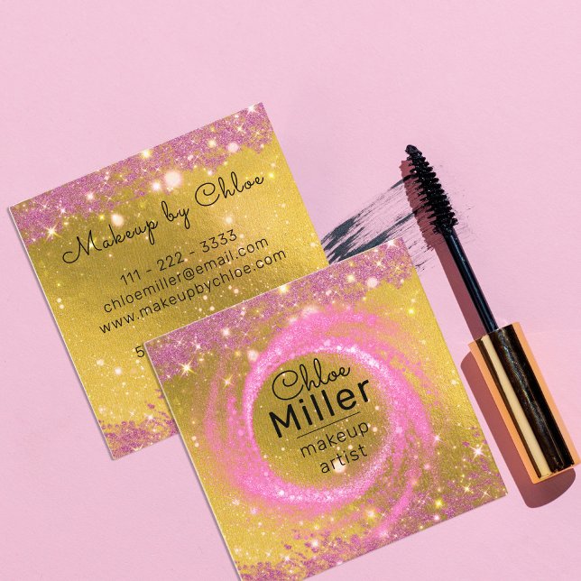 Fancy Stylish Sparkly Pink and Gold Makeup Artist Square Business Card (Creator Uploaded)