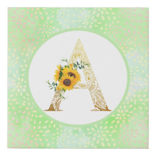 Fancy Sunflowers on Gold Letter A Faux Canvas Print