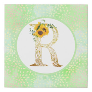 Fancy Sunflowers on Gold Letter R Faux Canvas Print