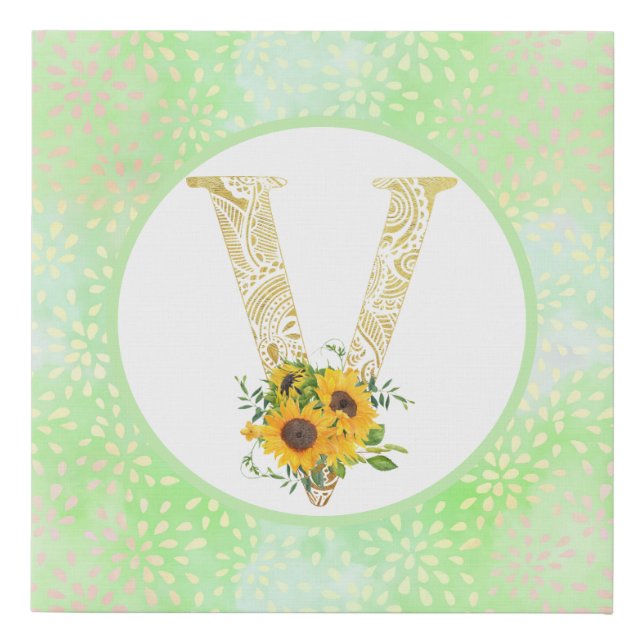 Fancy Sunflowers on Gold Letter V Faux Canvas Print (Front)