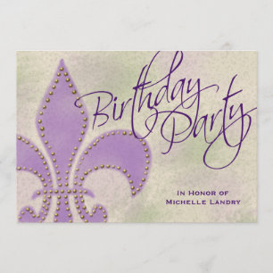 Fancy Swirl Purple Fleur de Lis Birthday Party Invitation