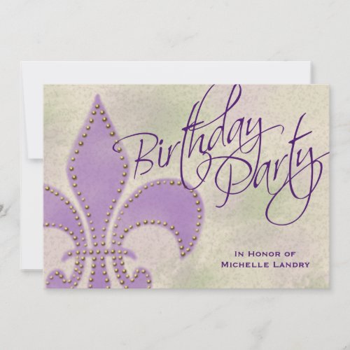 Fancy Swirl Purple Fleur de Lis Birthday Party Invitation