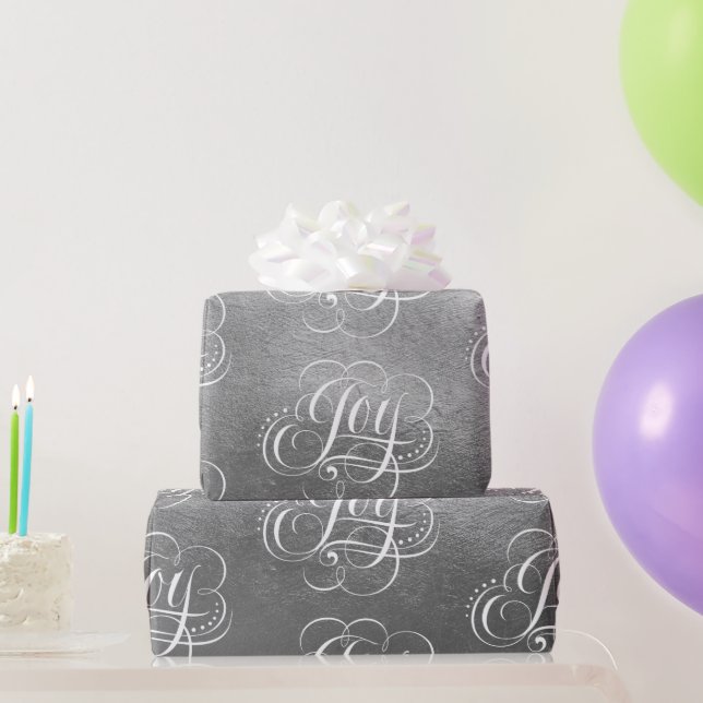 Fancy Swirly Joy Silver Foil Lettering Calligraphy Wrapping Paper (Party Gifts)